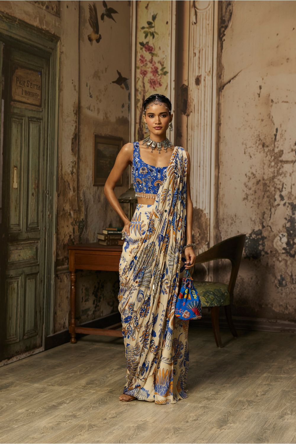 IVORY PRINTED AND HIGHLIGHTED SHARARA PANTS SAREE SET