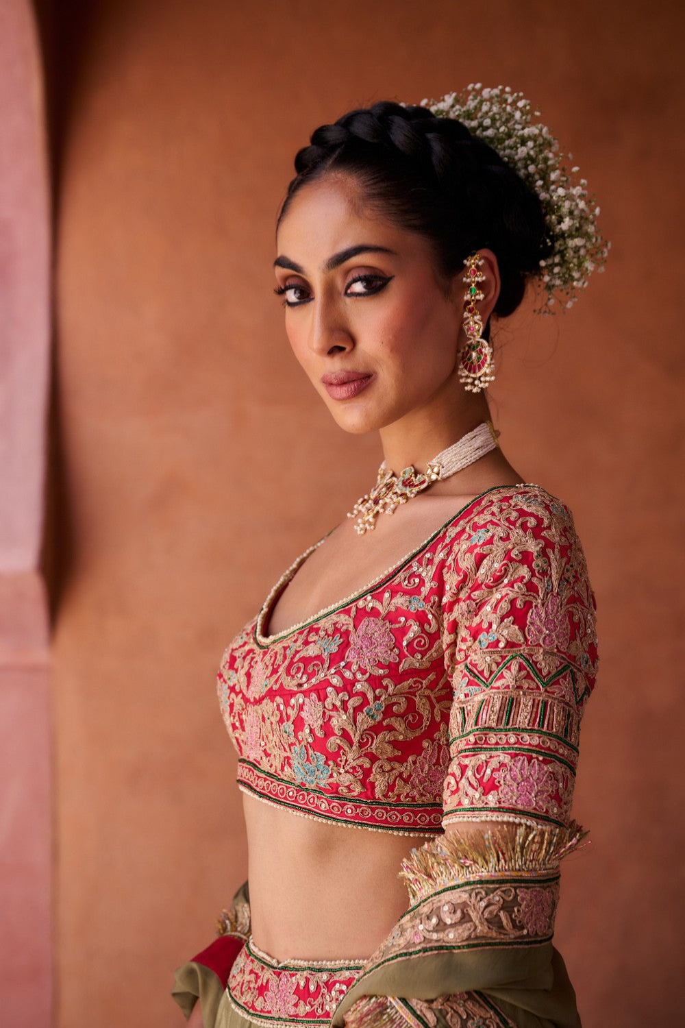 Sage green and Fuchsia upada silk blouse, lehenga and organza dupatta