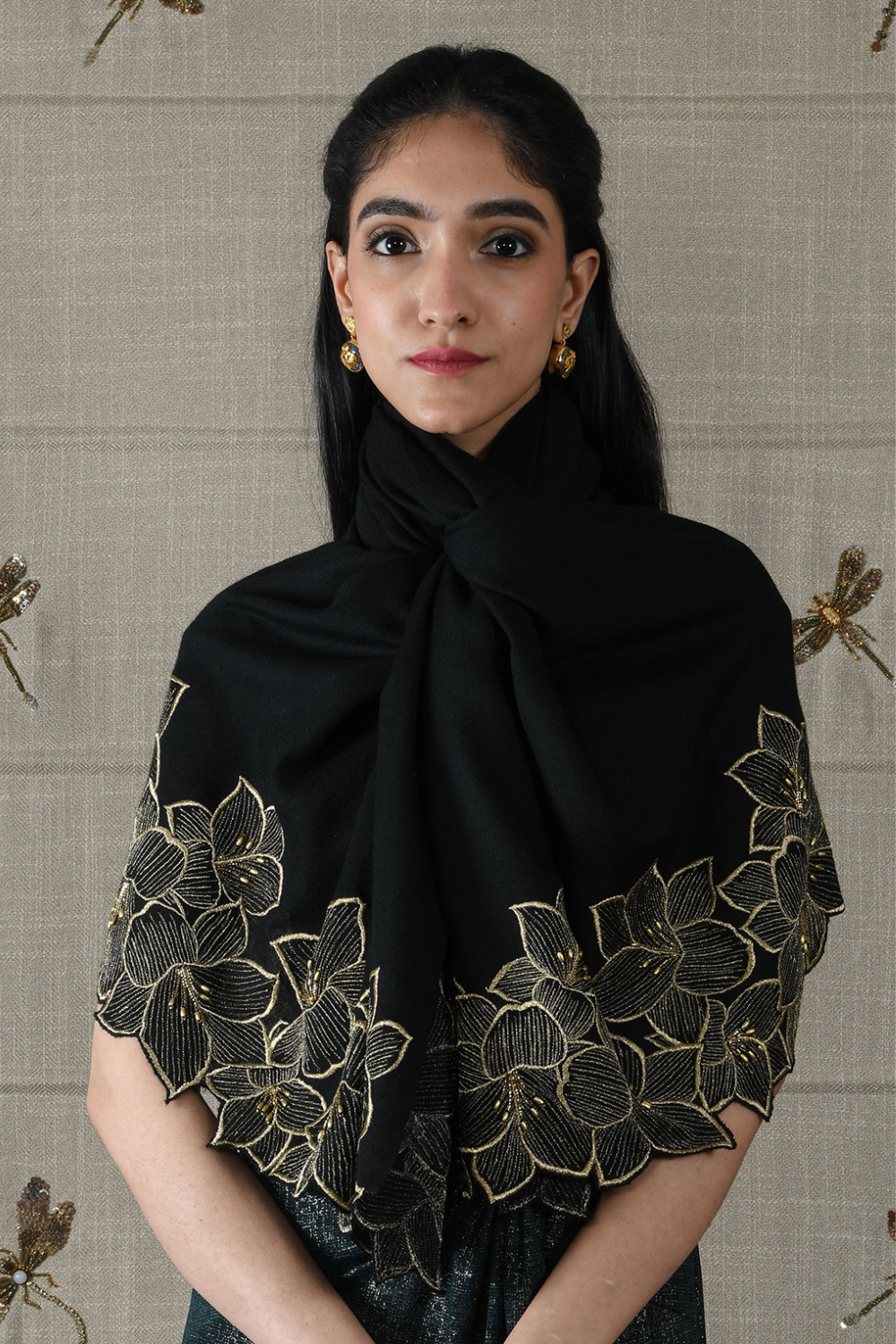 Midnight Bloom | Embroidered Wool Silk Stole – Black