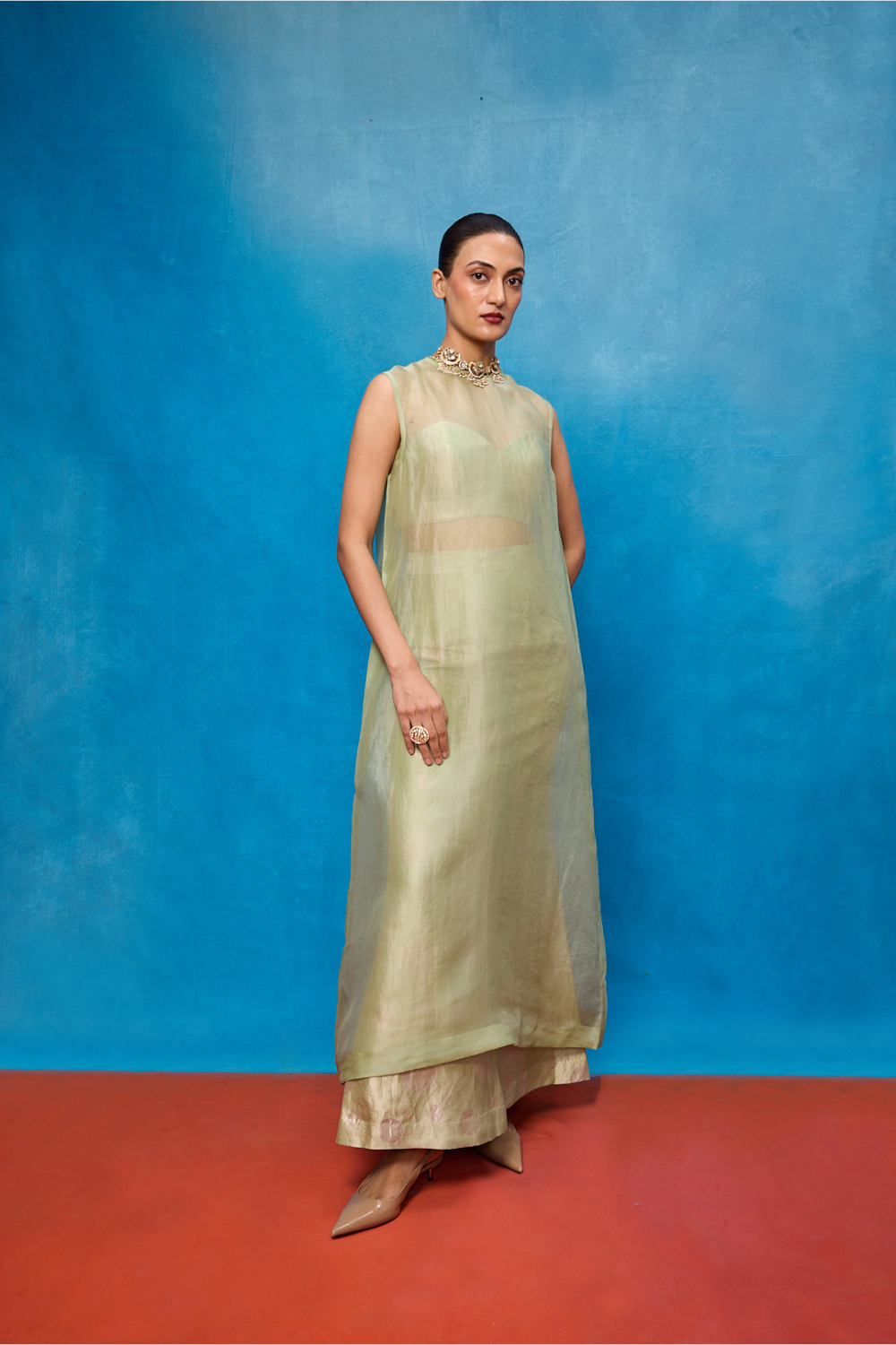 Handwoven Pistachio Green Silk Banarasi Suit Set