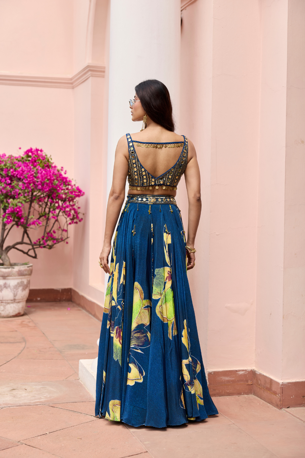 NAVYGOLD FLORAL PRINTED LEHENGA SET