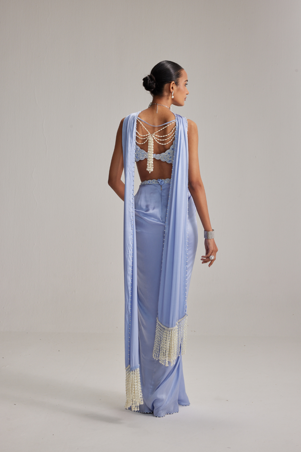 Dew Blue Satin Draped Skirt Set