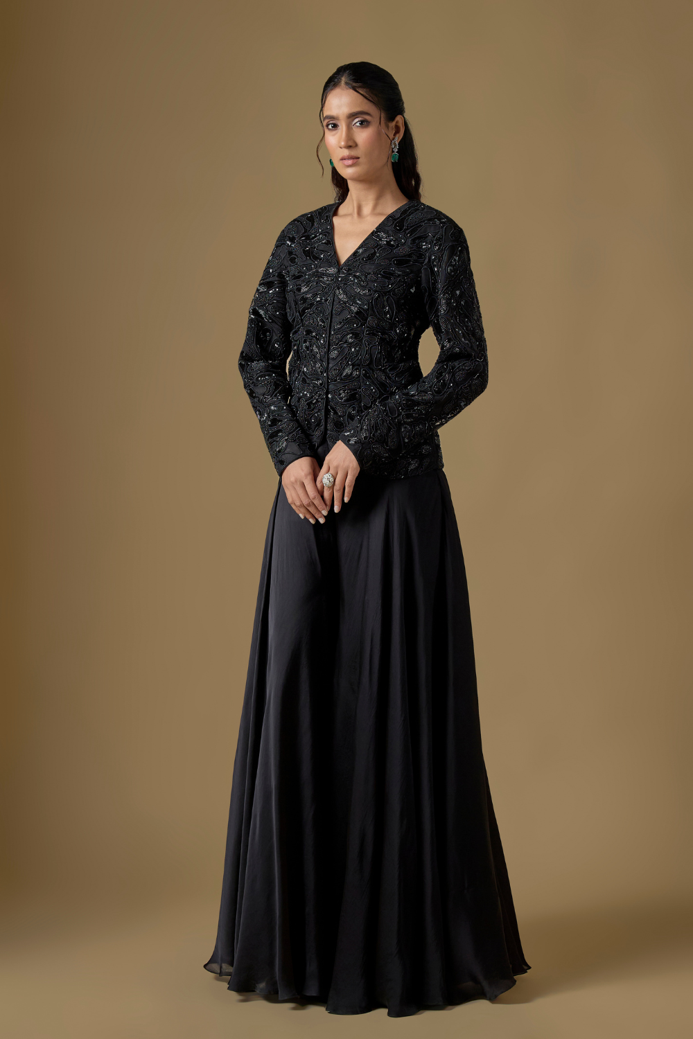 Rillette -Black hand embroidered short jacket paired with satin organza Sharara