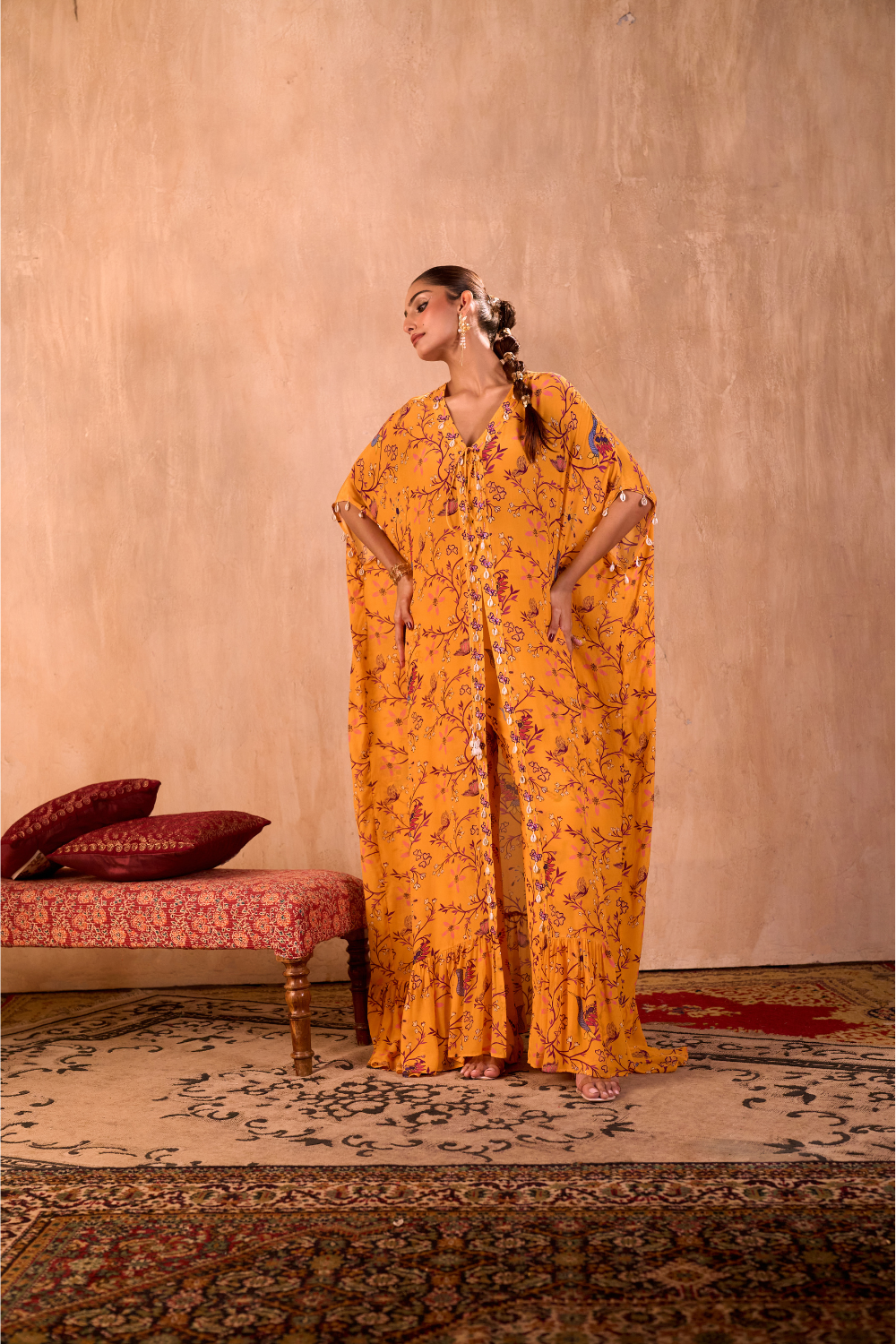 YELLOW PRINT EMBROIDERED LONG KAFTAN WITH PANTS SET