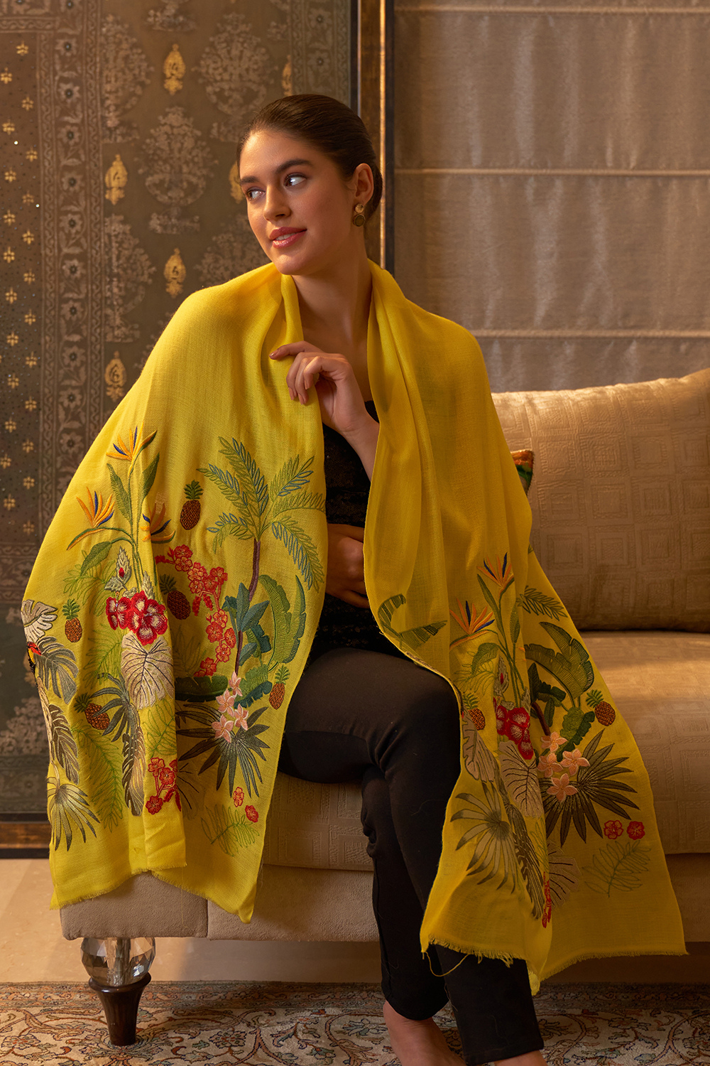 A Toucan's Day | Embroidered Fine Merino Wool Stole – Empire Yellow