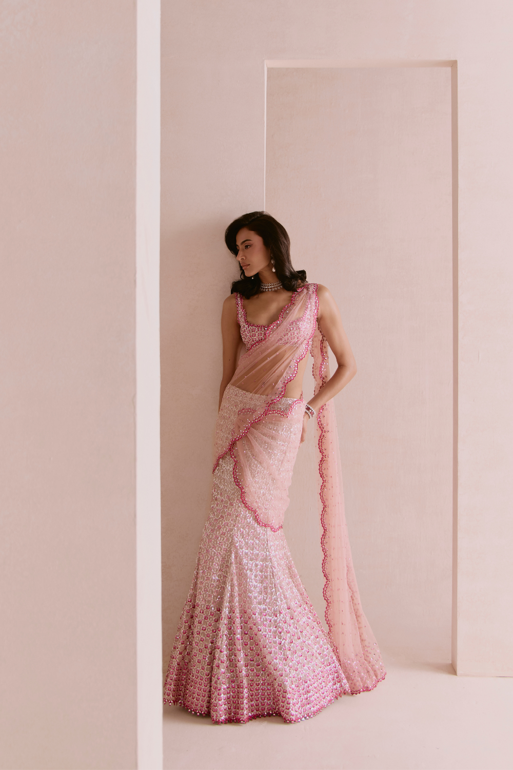 Pink Fishcut Drape Saree