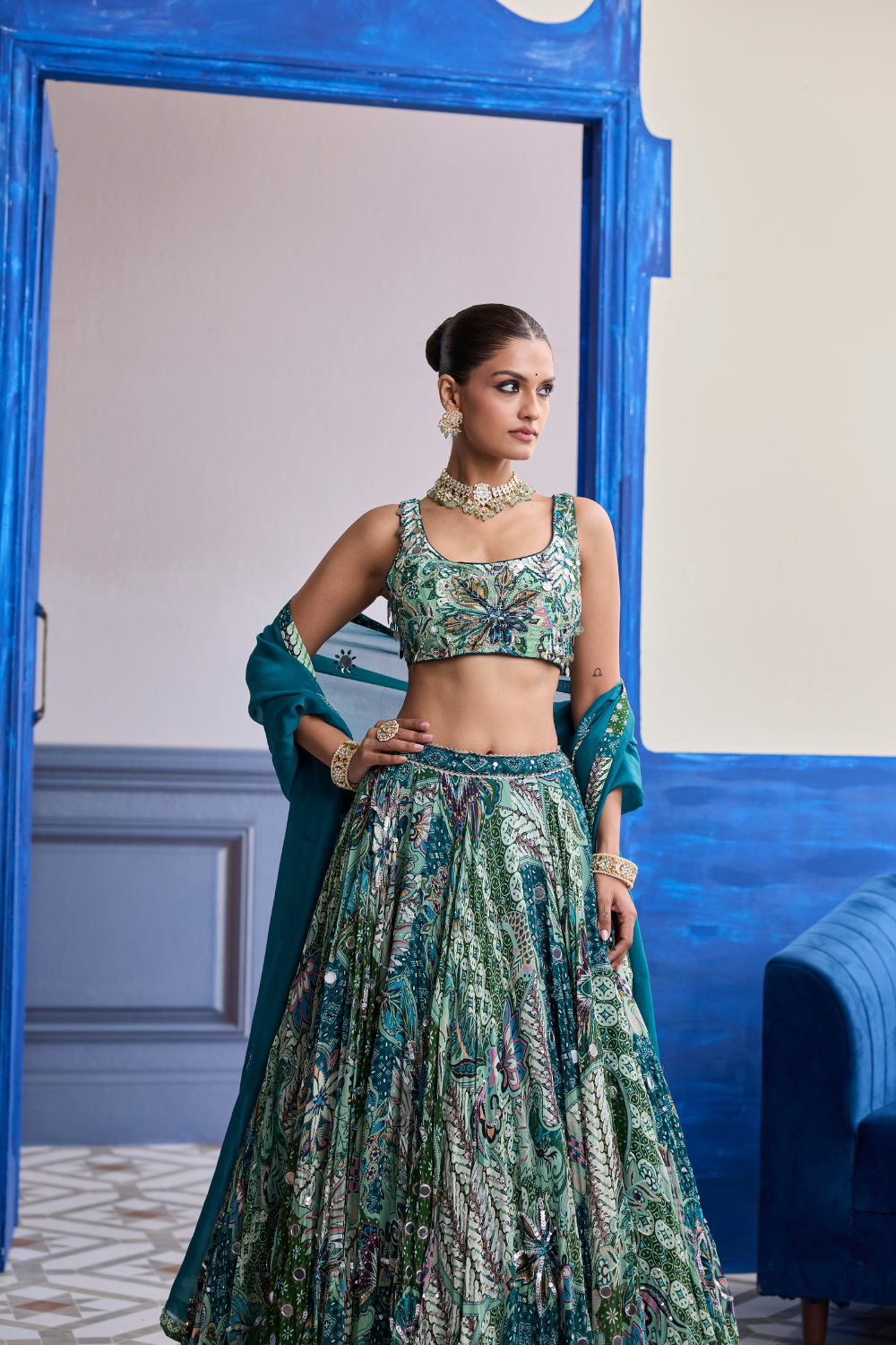 Green Floral Blouse with Highlighted Lehenga & Embroidered Dupatta Set