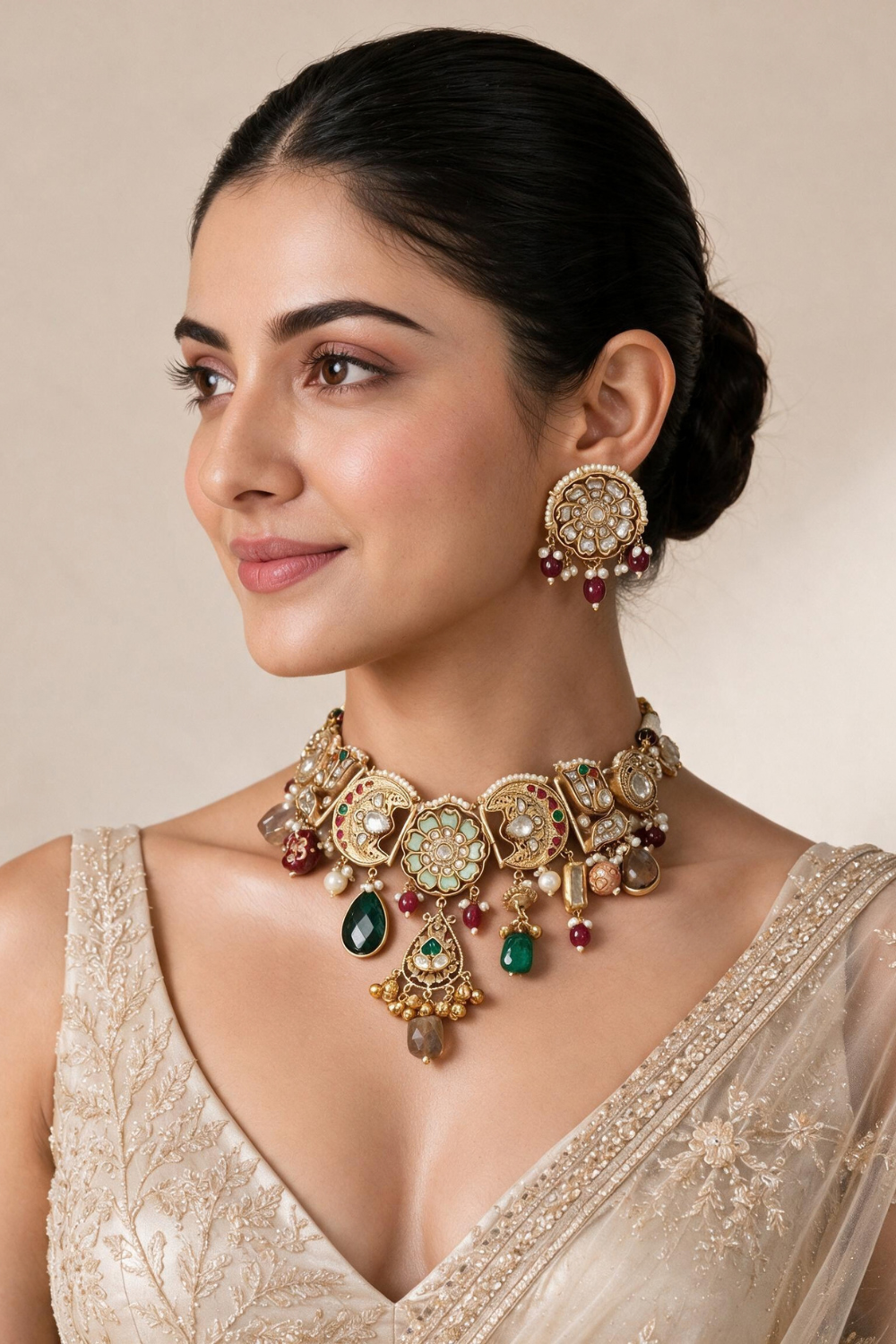 Handcrafted Multicolour Polki Charm Necklace Set