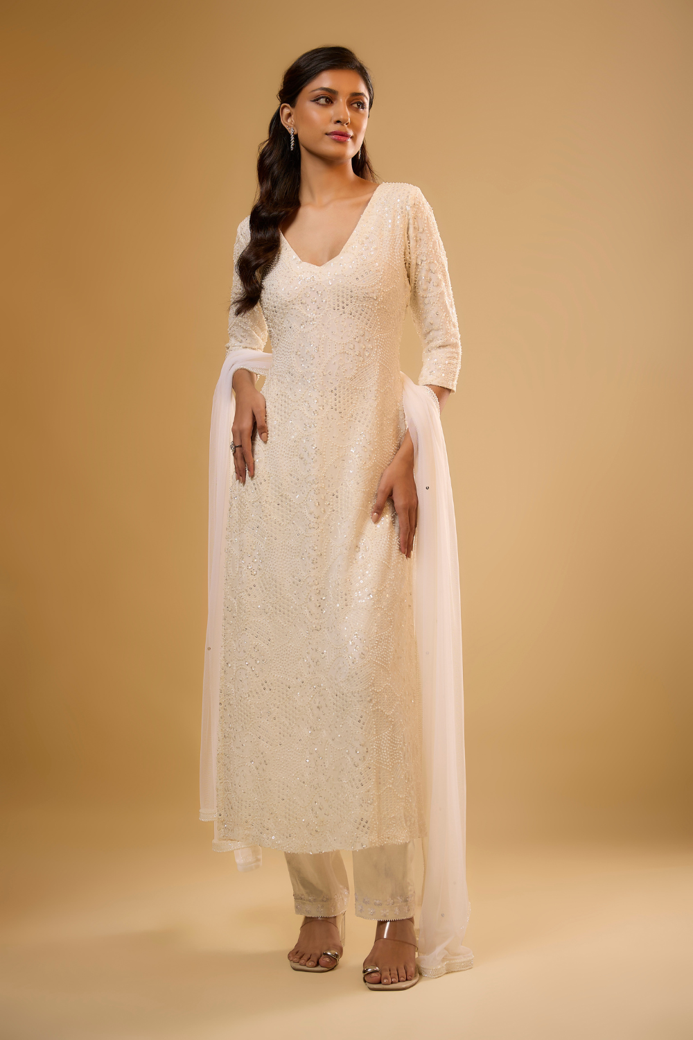 Vanilla White georgette kurta pants set embroidered with sequins, glass beads & threadwork