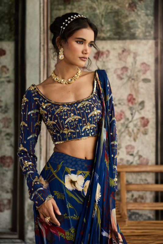 BLUE FLORAL PRINTED SKIRT SAREE SET
