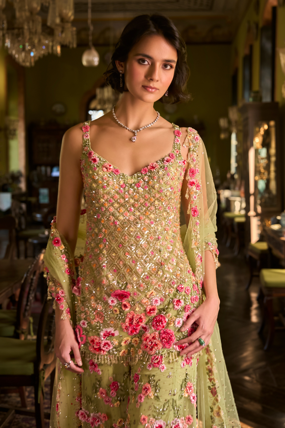 Leaf Green Three-Dimensional Sharara Set