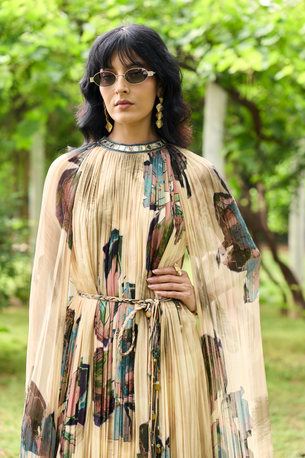 BEIGE FLORAL ROUCHED MAXI DRESS