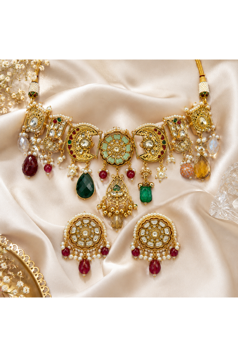 Handcrafted Multicolour Polki Charm Necklace Set