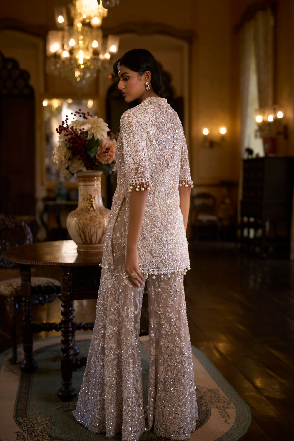 White Sequin Jacket Sharara Pant  Set