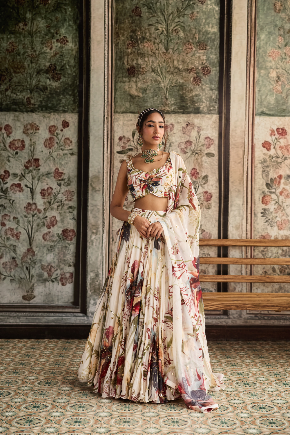 IVORY FLORAL PRINT AND HIGHLIGHTED LEHENGA SET