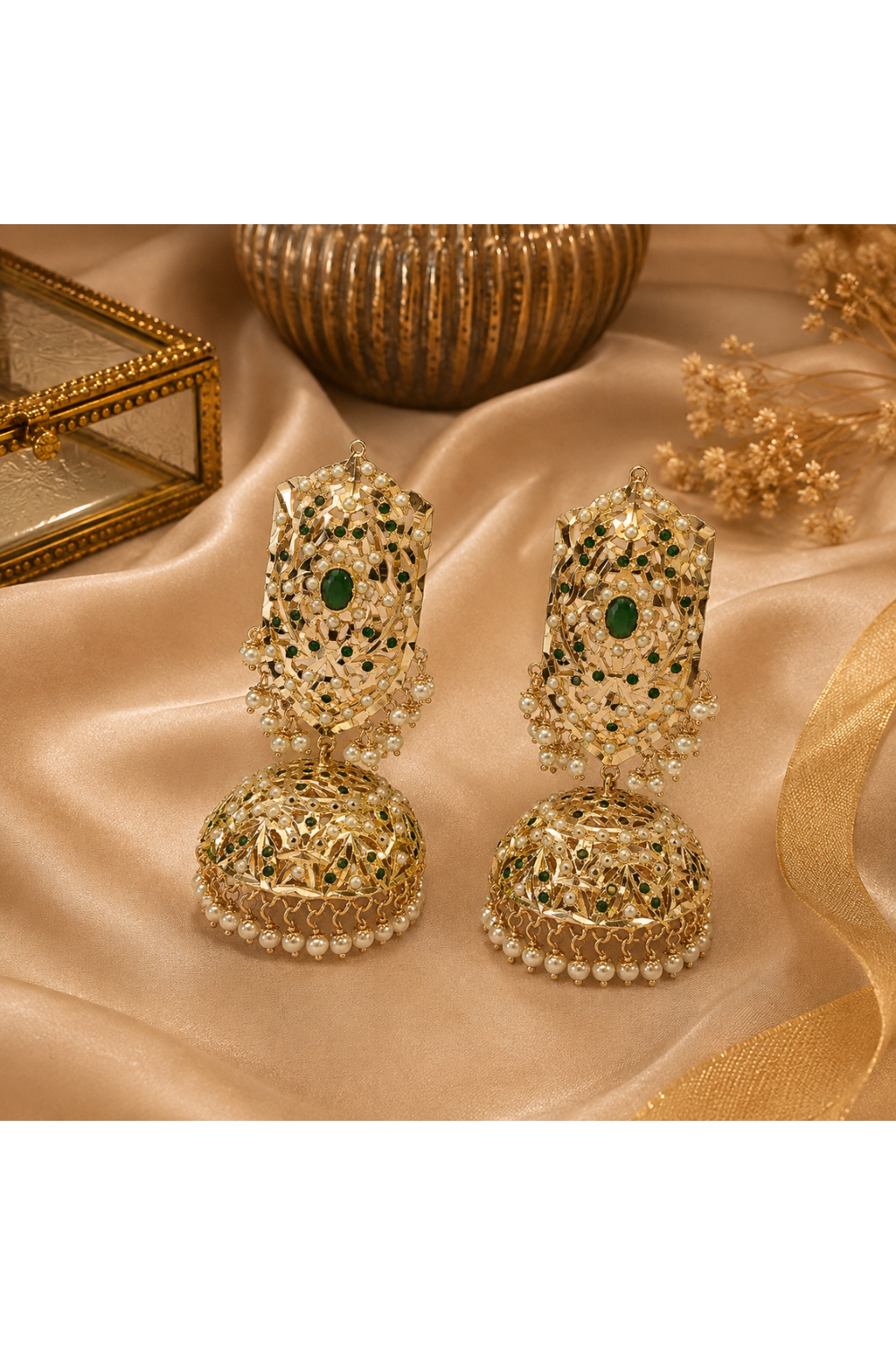 Emerald Green Jadau Pearl Jhumka Earrings