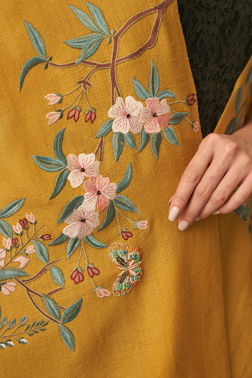 A Garden Diary | Embroidered Fine Merino Wool Stole – Spicy Mustard