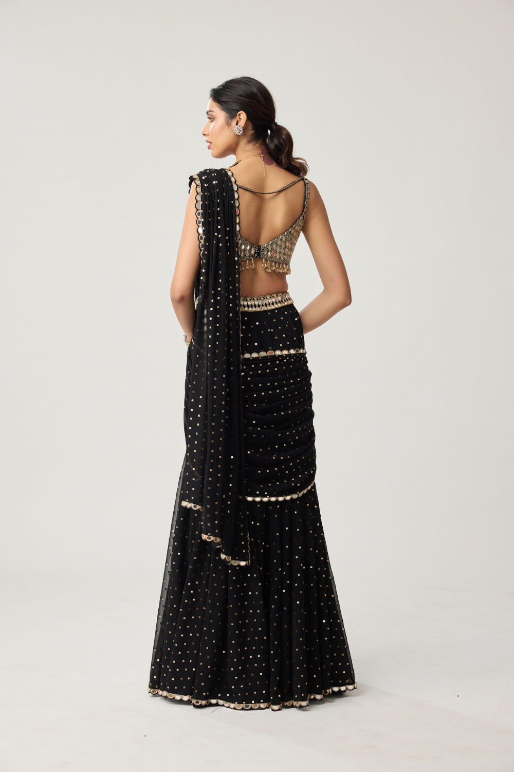 Black Georgette Flared pants Saree Set