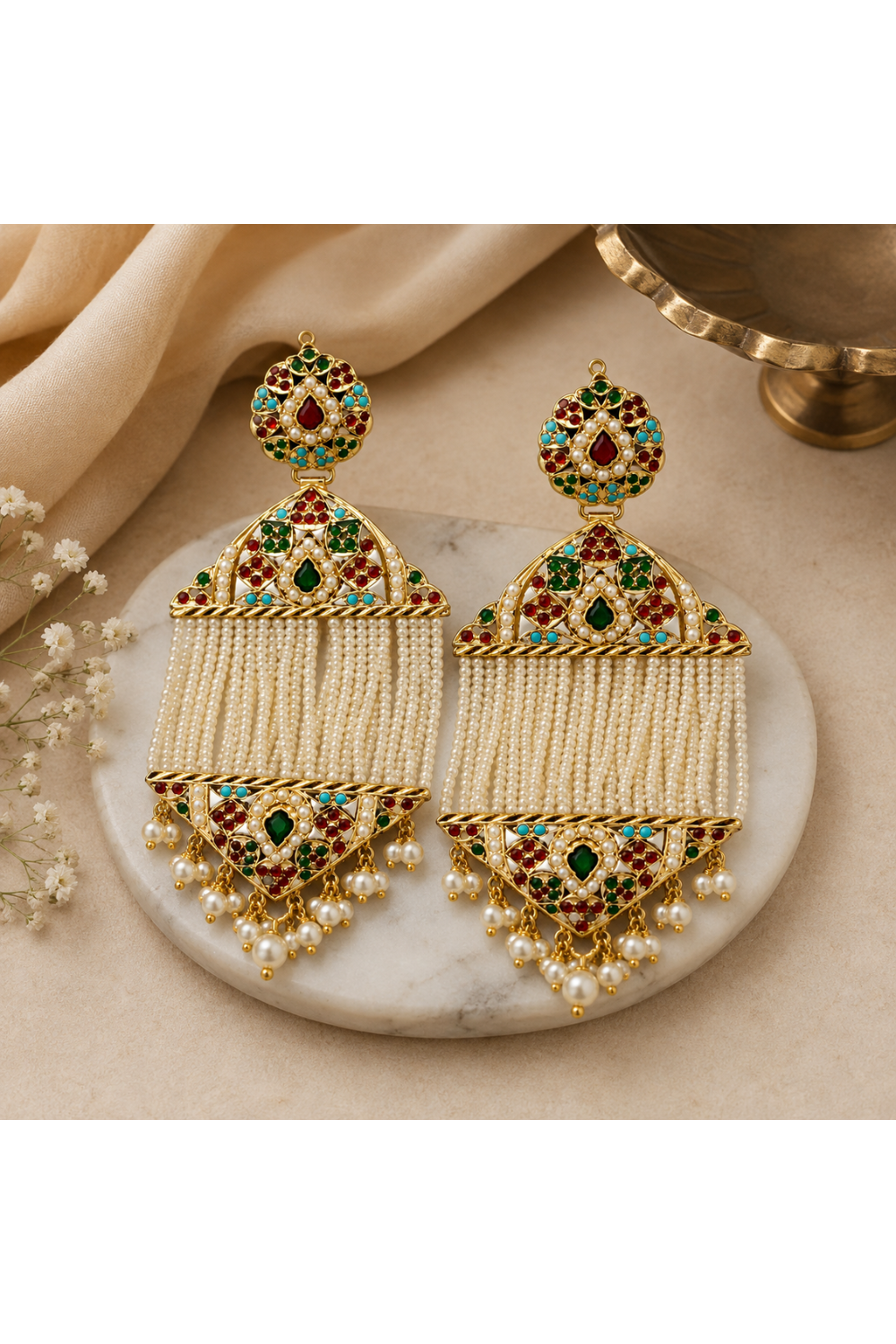 Multicolour Jadau Pearl Tassel Earrings