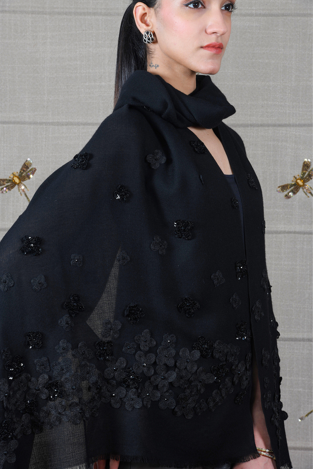 The Onyx Petal | Embroidered Fine Wool Silk Stole