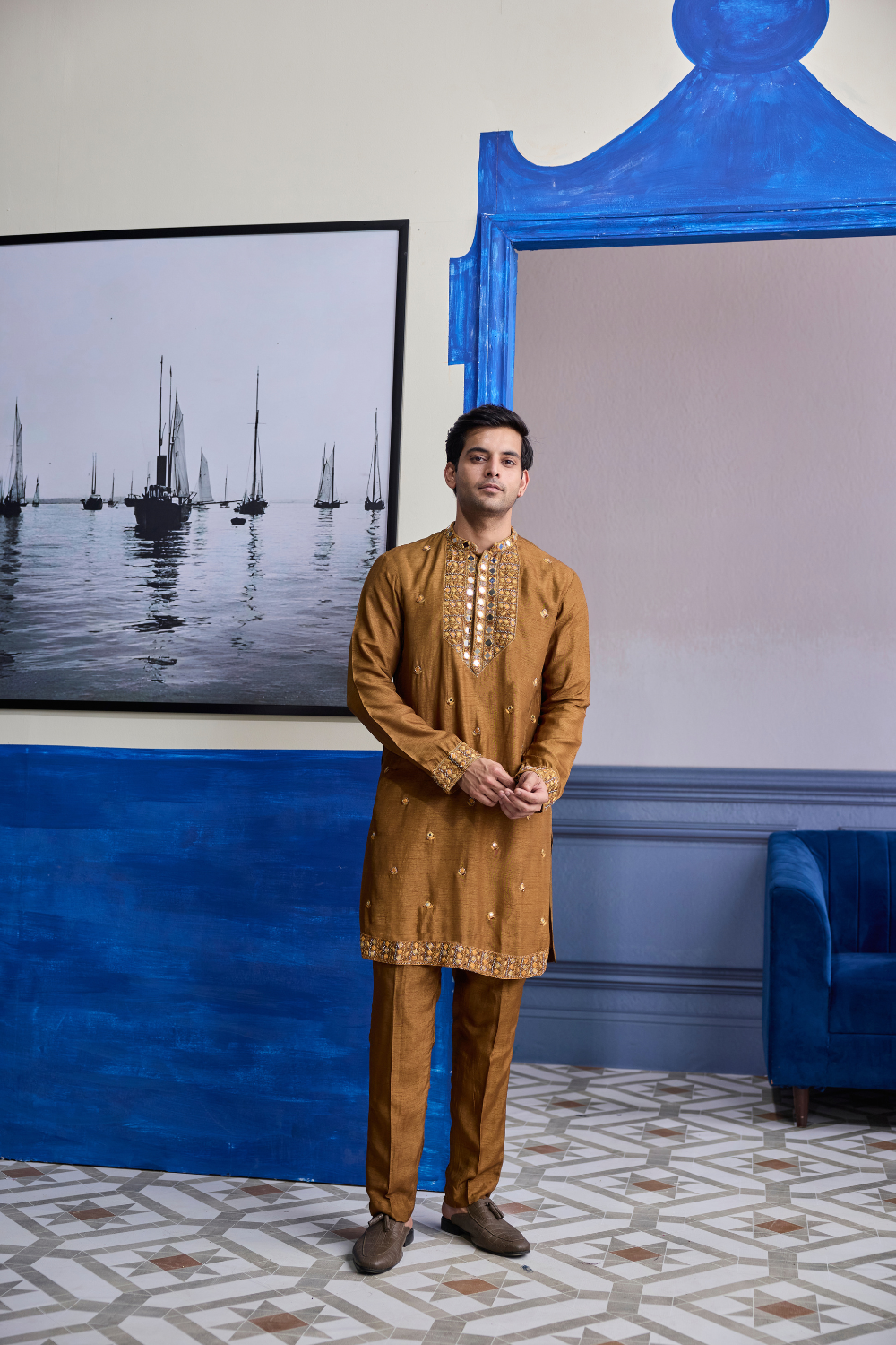 Mustard Embroidered Yoke Kurta with Pants