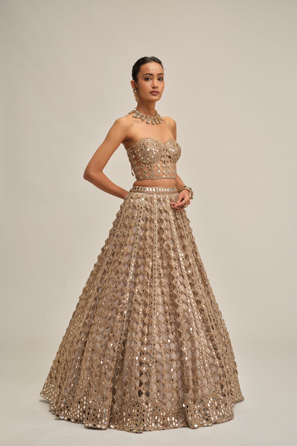 Light Beige Diamond Mirror Cutwork Crop Top Skirt Set
