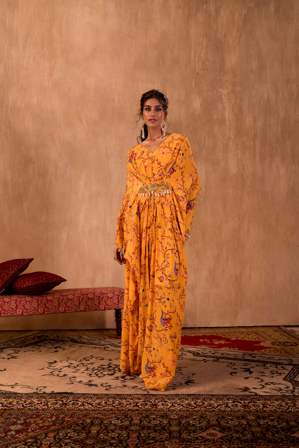 YELLOW PRINT DRAPED KAFTAN