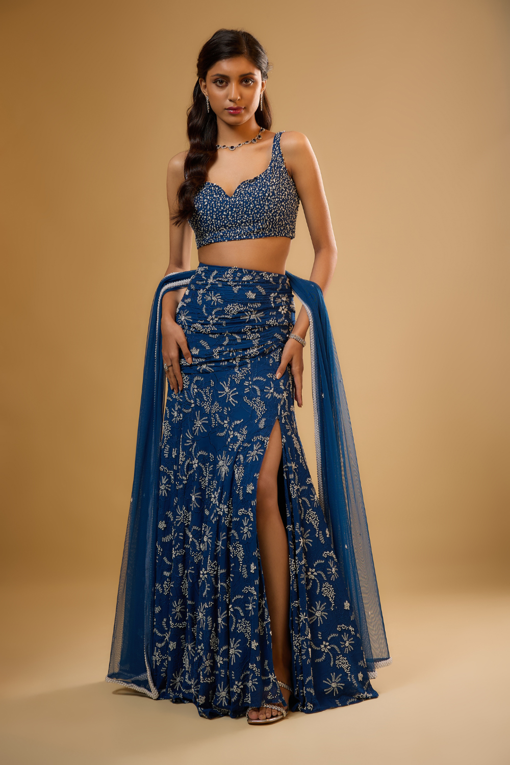 Egyptian blue georgette lehenga set embroidered with sequins, glass beads & threadwork