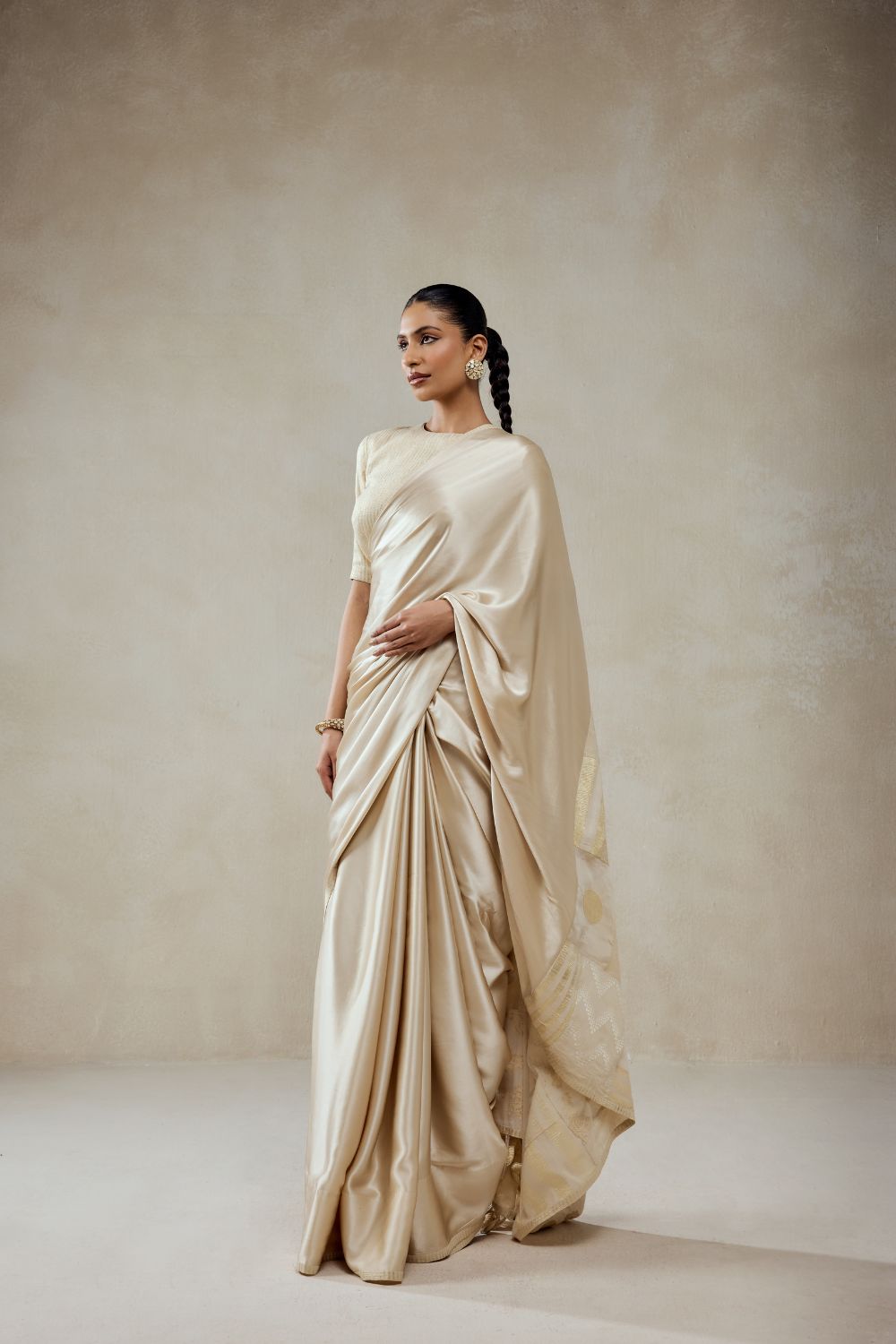 Ivory Monga Tissue Gold Striped Saree Set