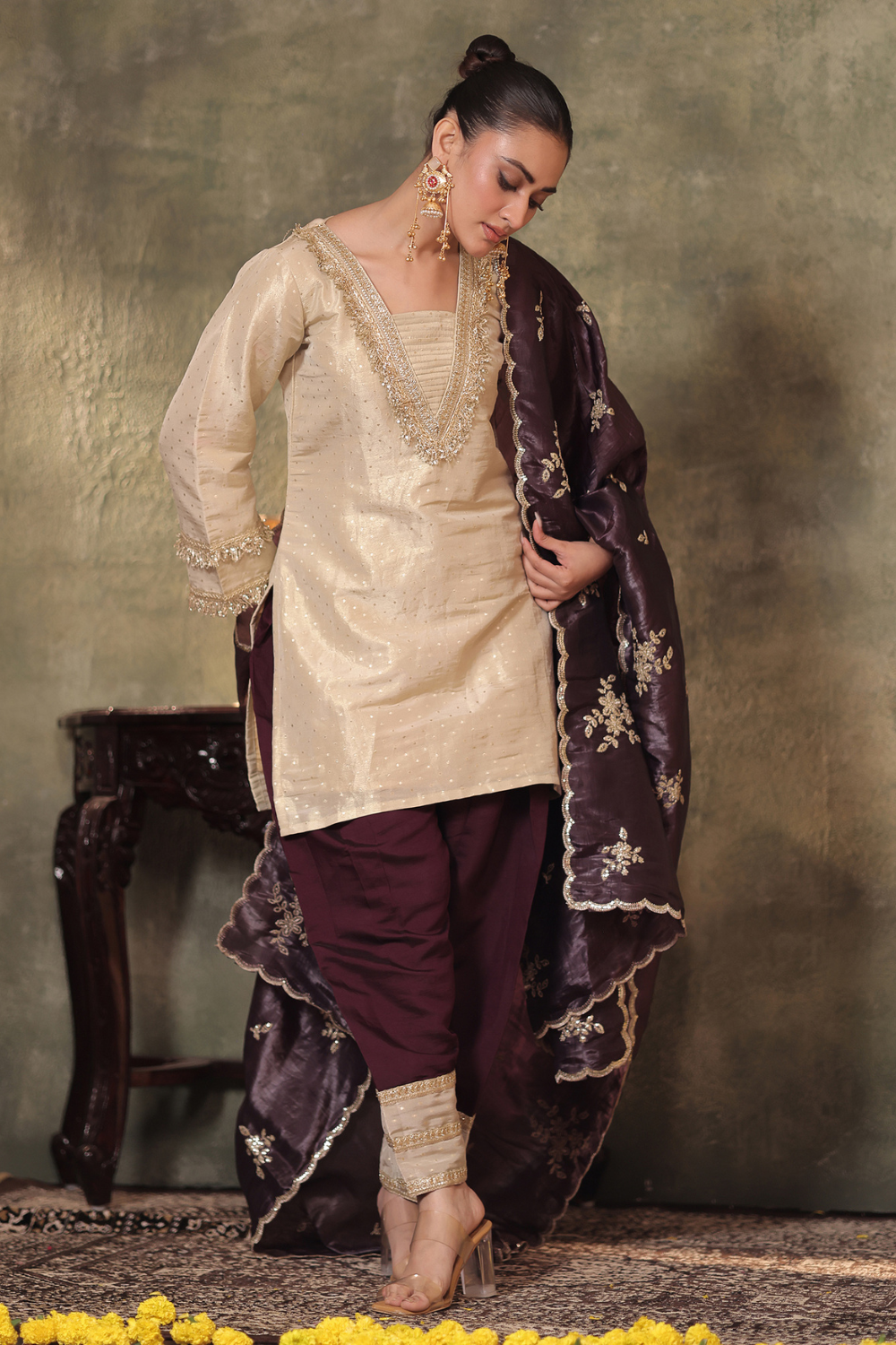 Tissue Kurta with Plum Farshi Set