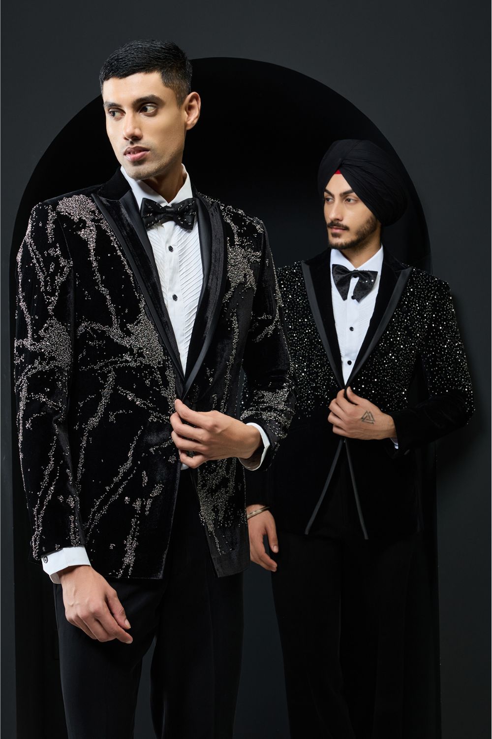 Black tuxedo highlighted with sequins, pearls and cutdana