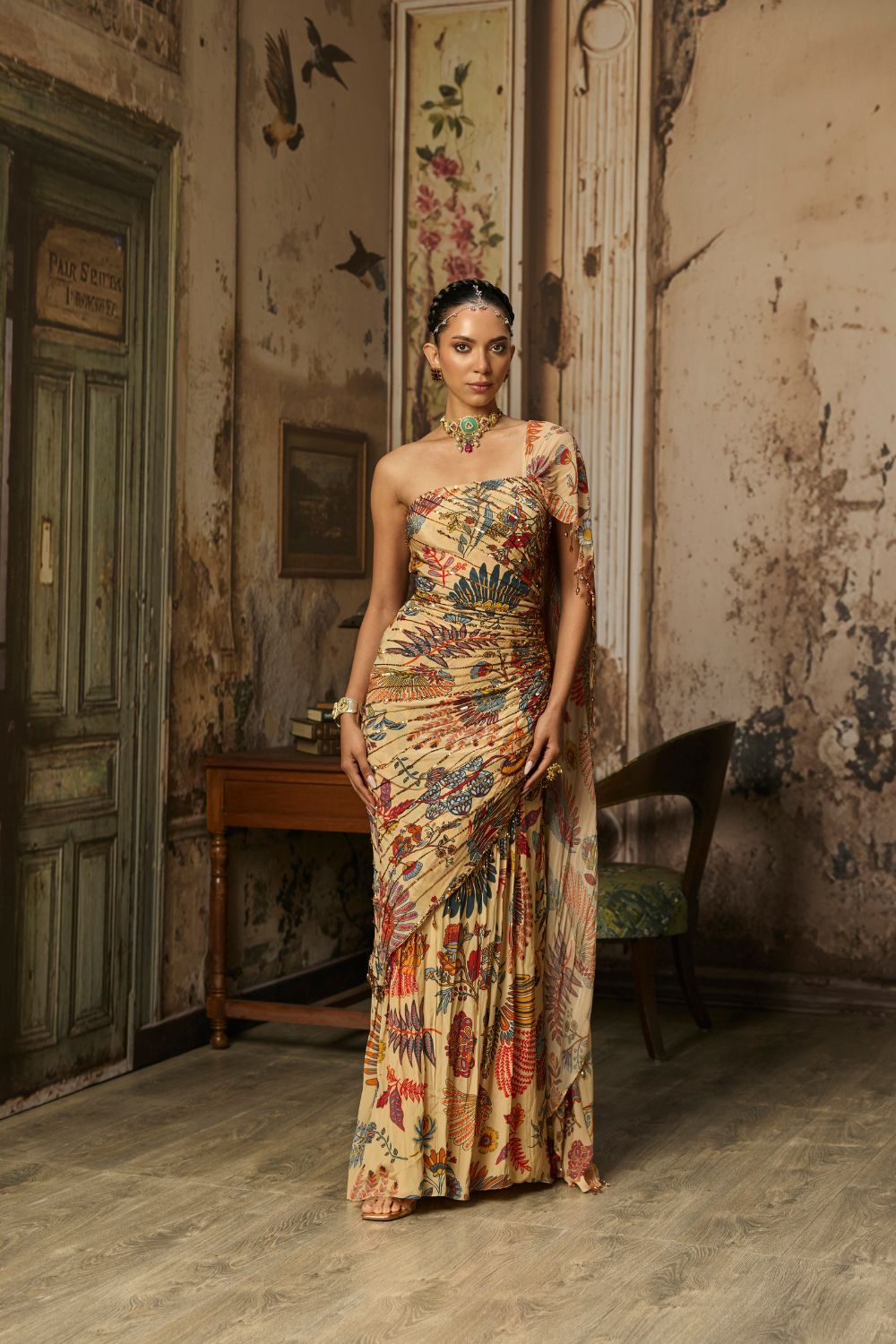 BEIGE PRINTED AND HIGHLIGTED DRAPE GOWN SAREET
