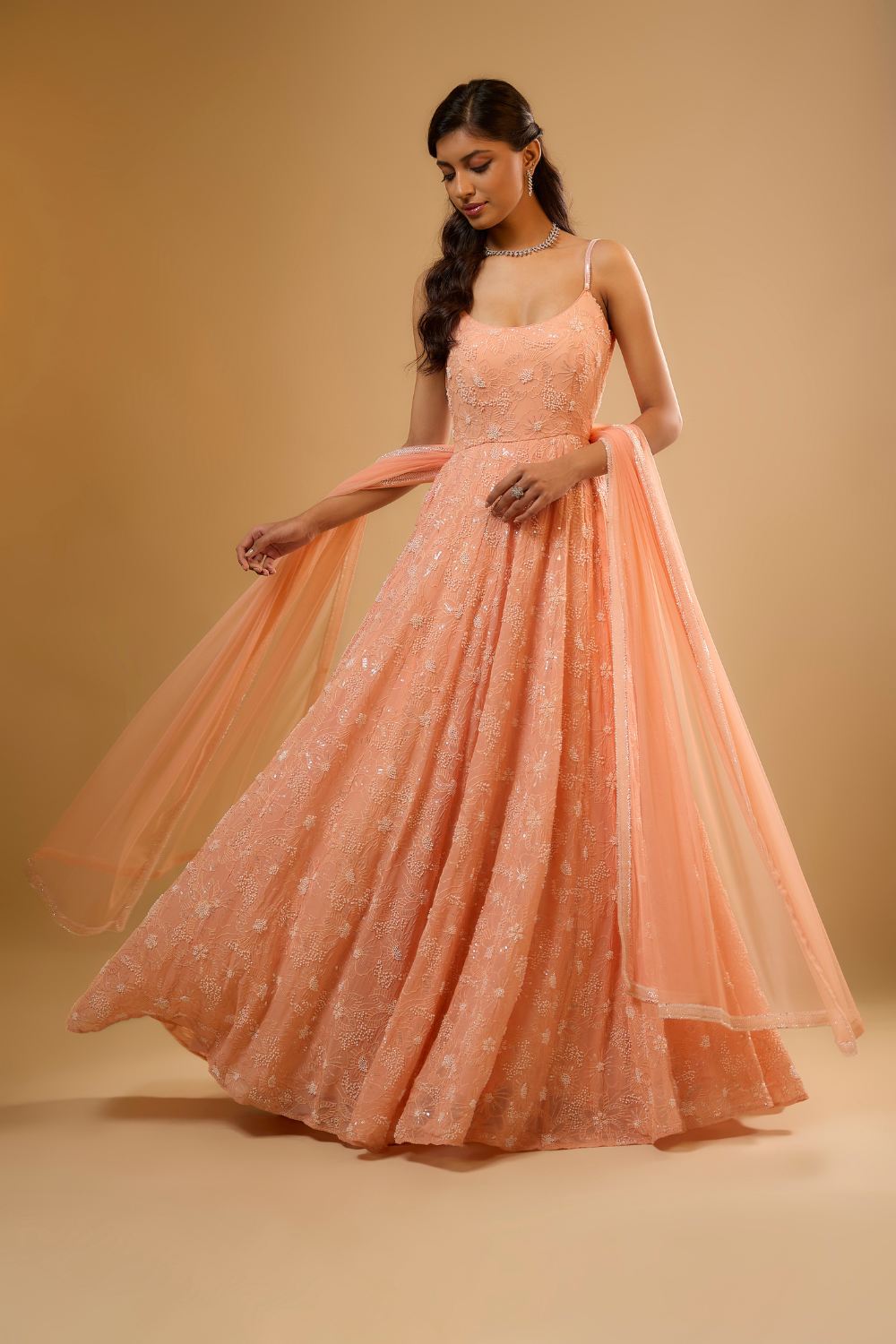 Peach sorbet georgette anarkali gown set embroidered with sequins, glass beads & threadwork