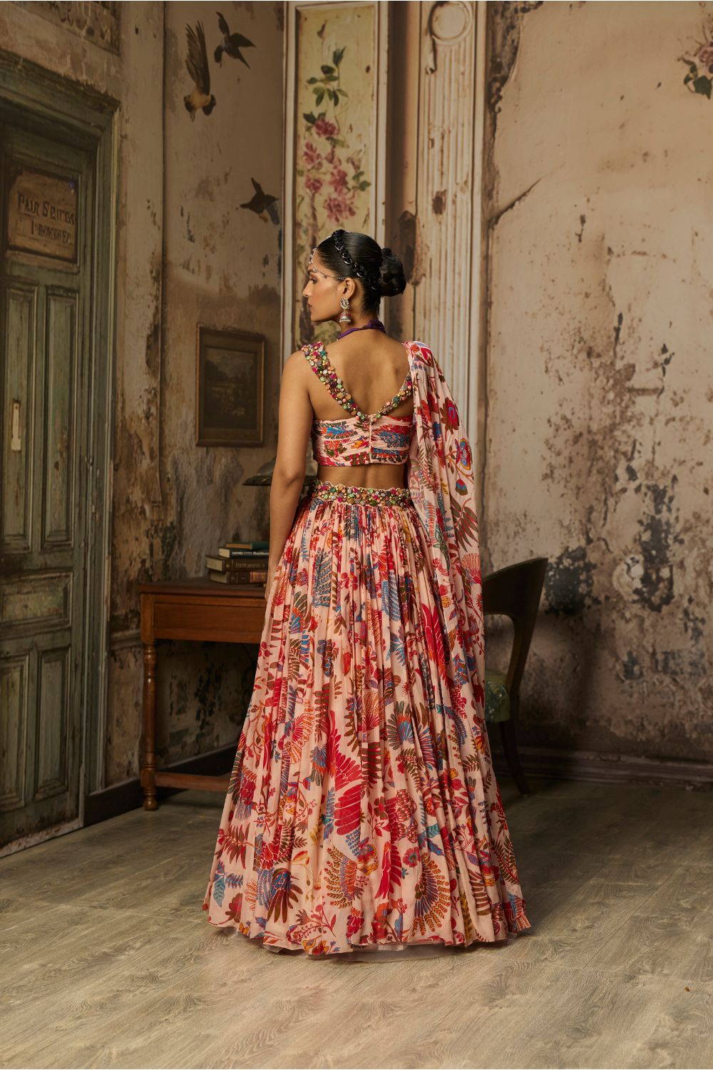 BLUSH PINK STONE EMBROIDERED BLOUSE WITH PRINTED LEHENGA SET