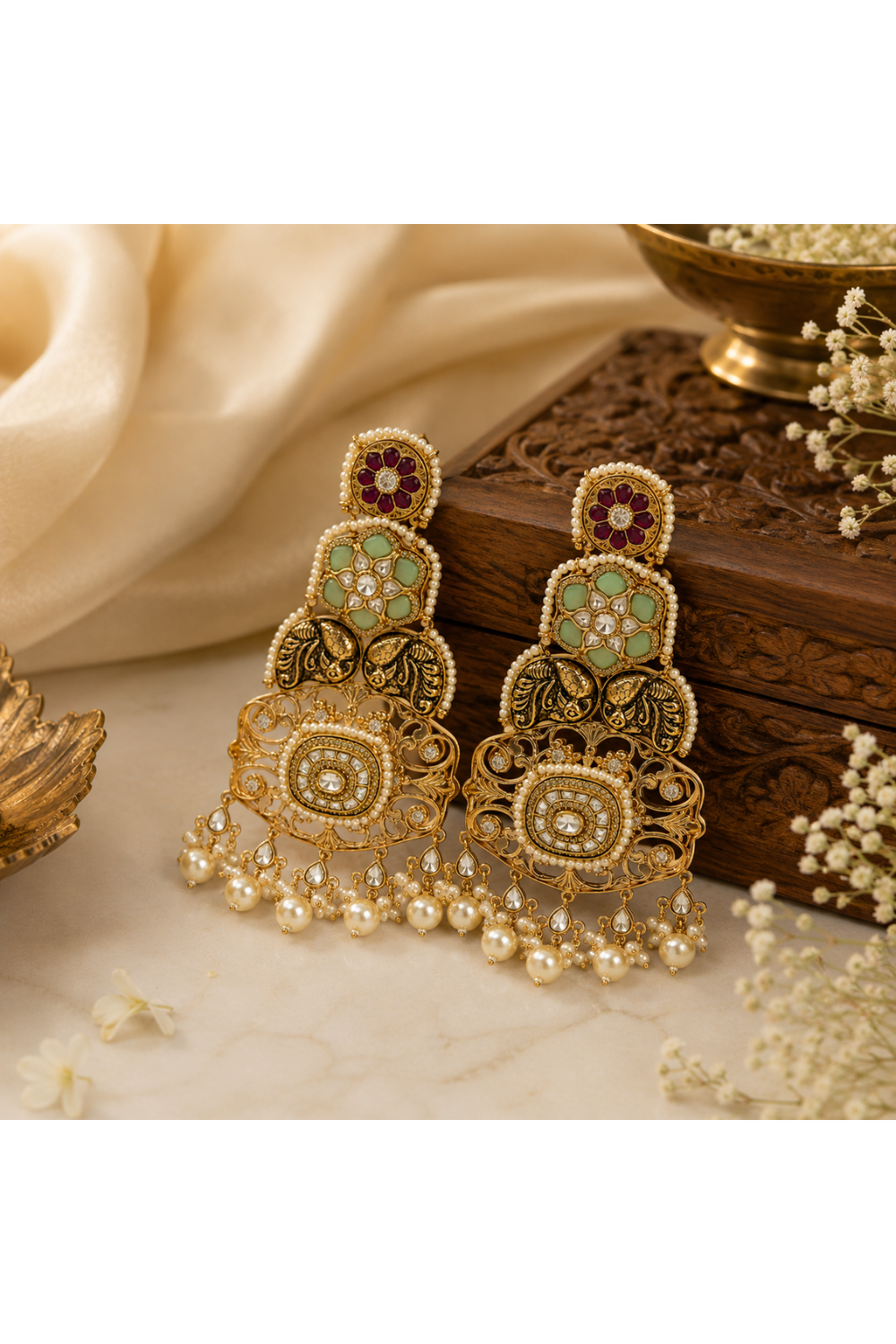 Multicolour Kundan Pearl Statement Earrings