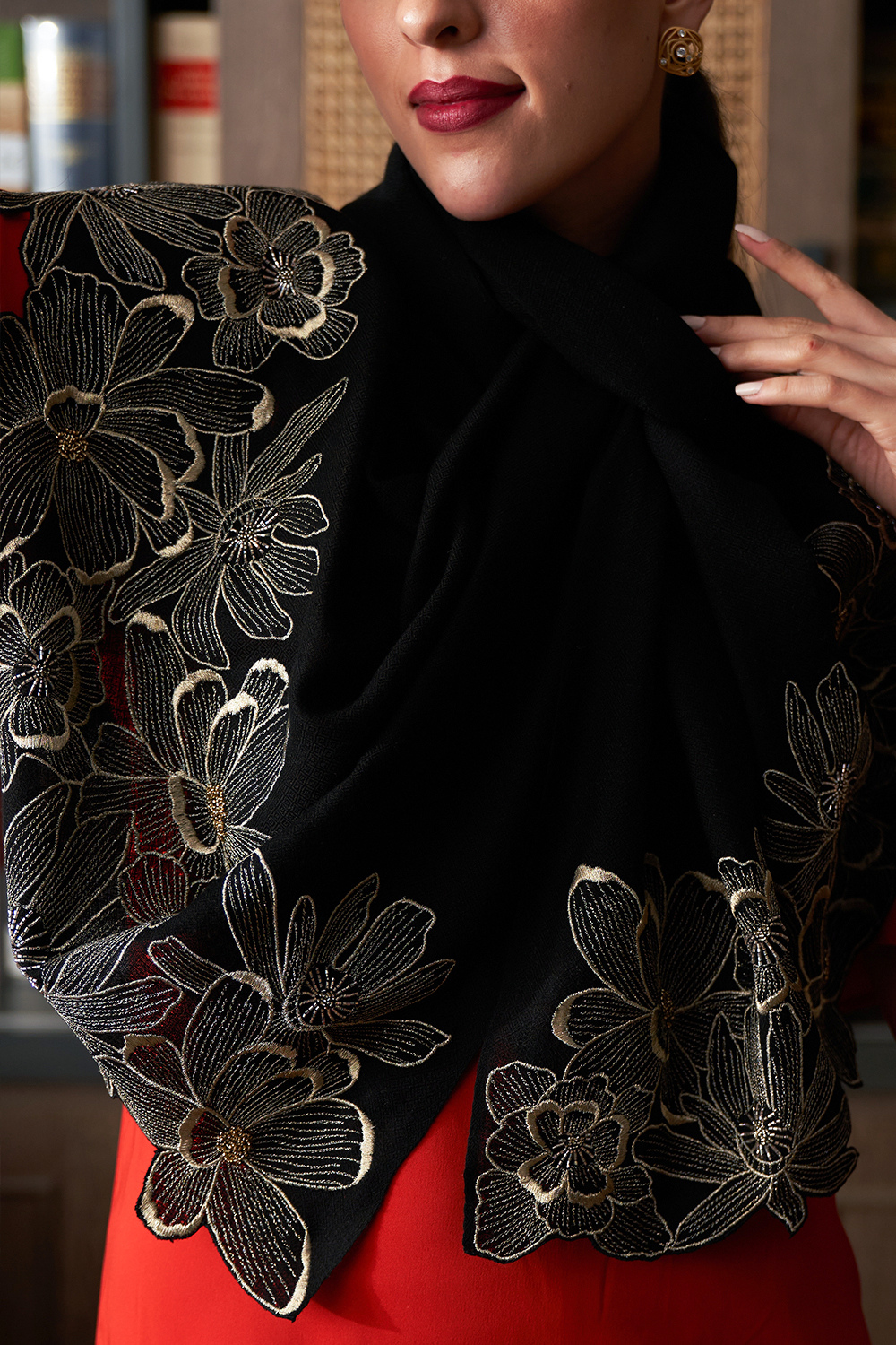 Magnolia Bloom | Embroidered Wool Silk Stole – Black