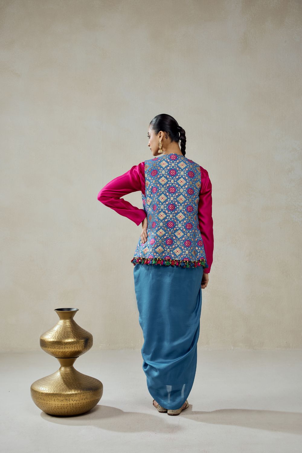 Royal Blue Patola Short Jacket With Dhoti Skirt Set
