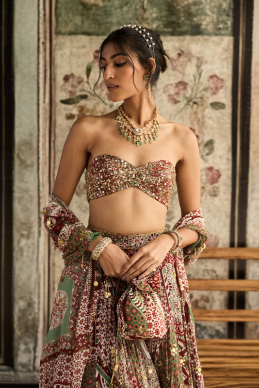 SAGE-MAROON PRINT AND HIGHLIGHTED  STRAPLESS BLOUSE WITH LEHENGA SET