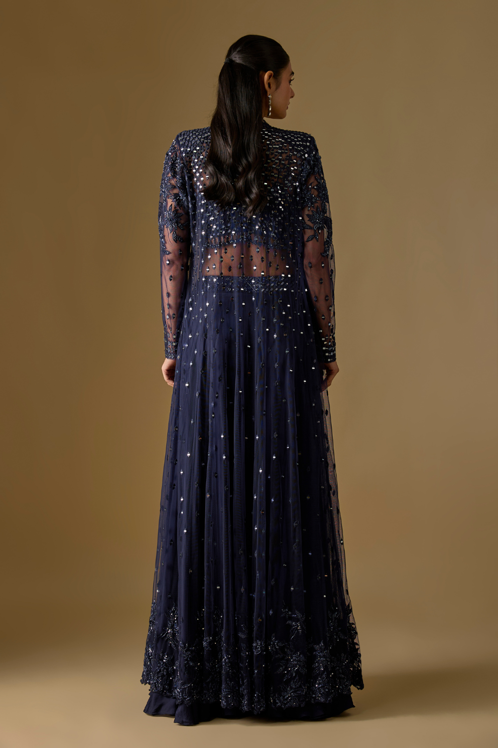 Brook- Navy Blue Long Jacket with Sharara and Mirror-Work Blouse