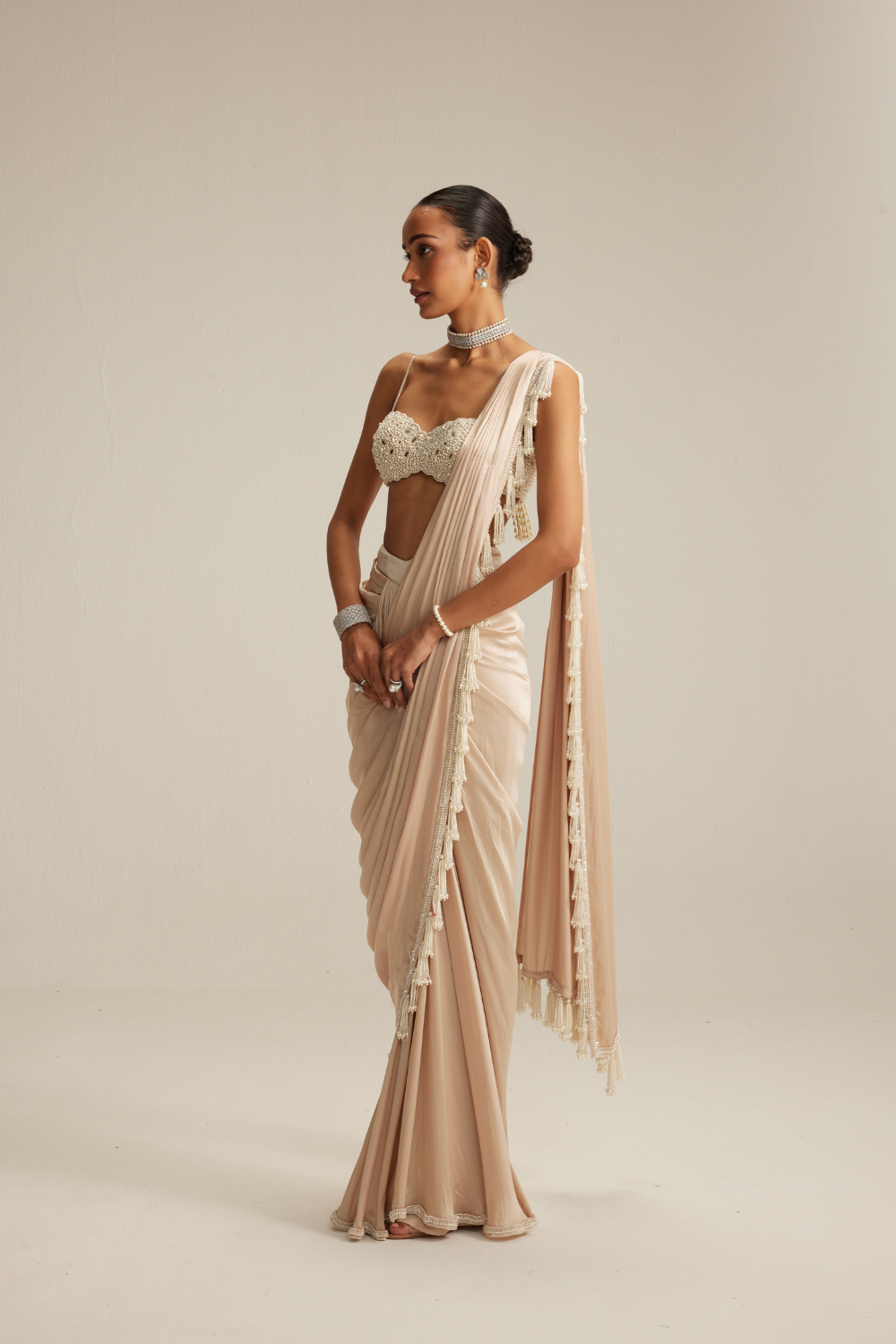 Light Beige mirror and pearl Satin Draped Saree set