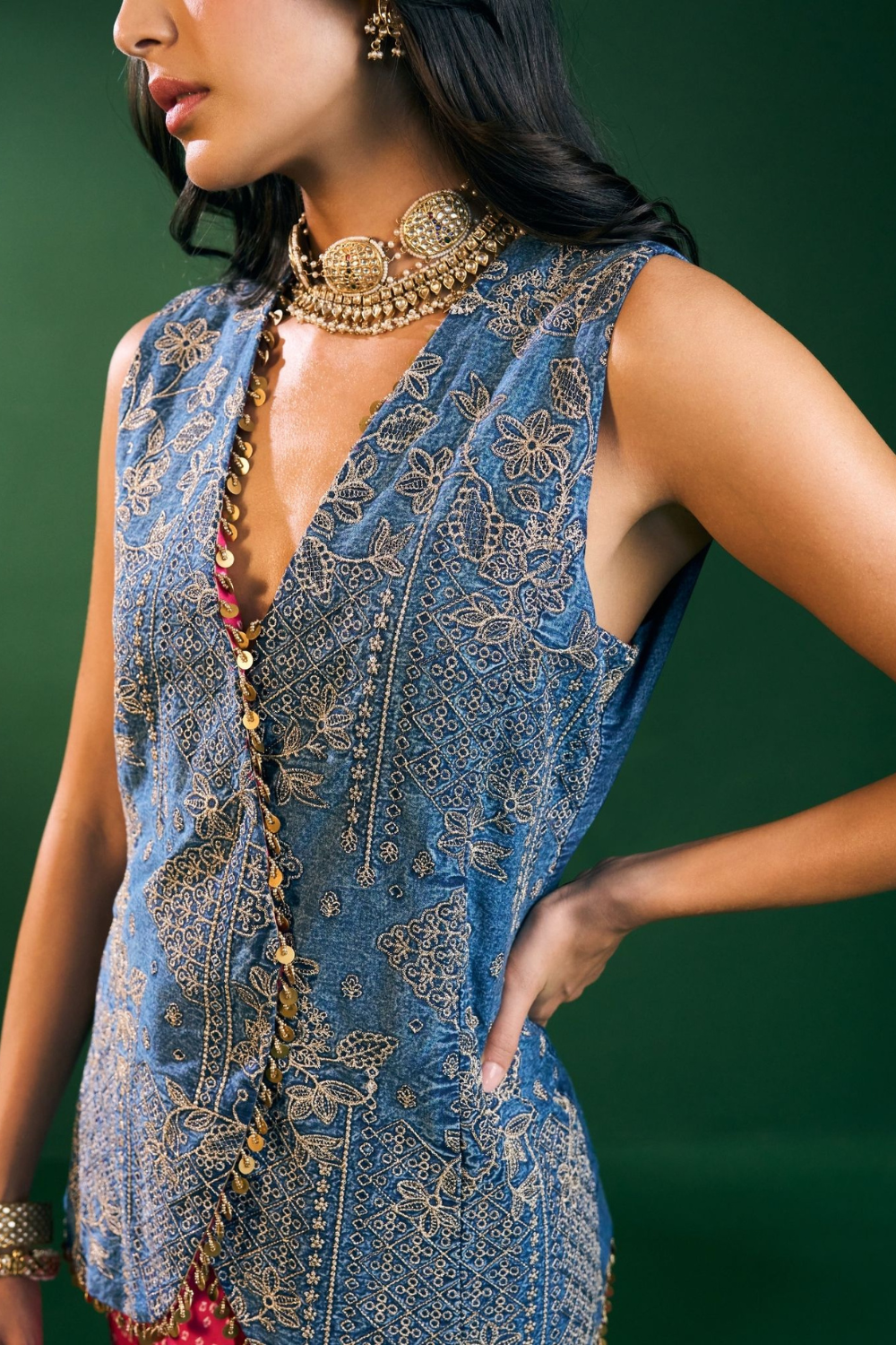 Lunira Denim Waistcoat With Cupro Satin Printed Fuschia Draped Skirt