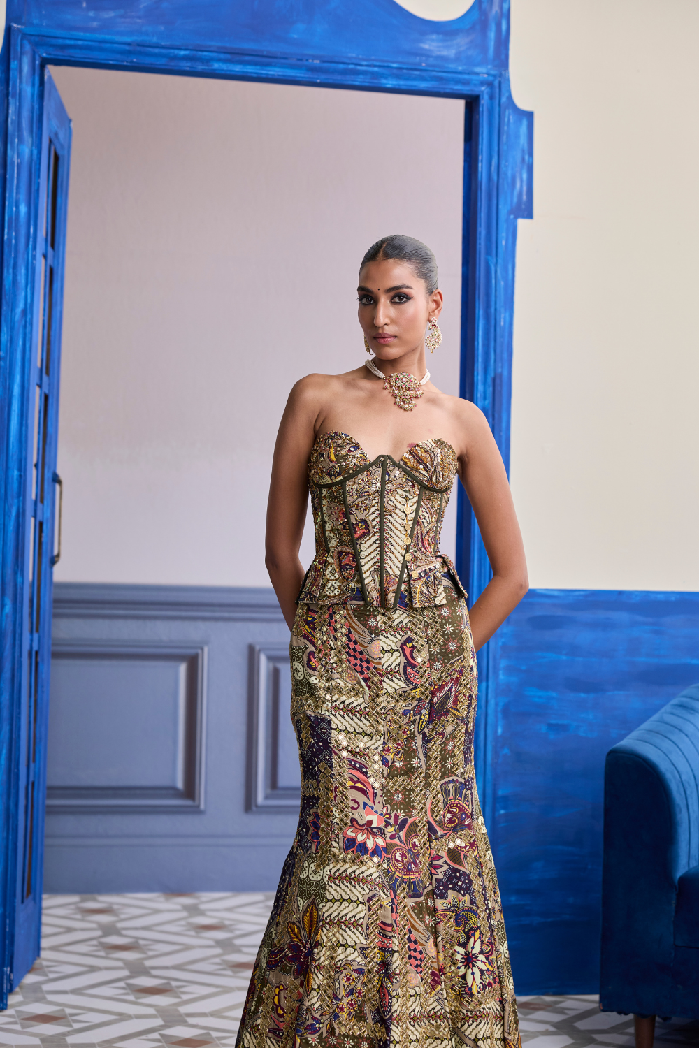 Olive Print Corset with Highlighted Mermaid Skirt Set