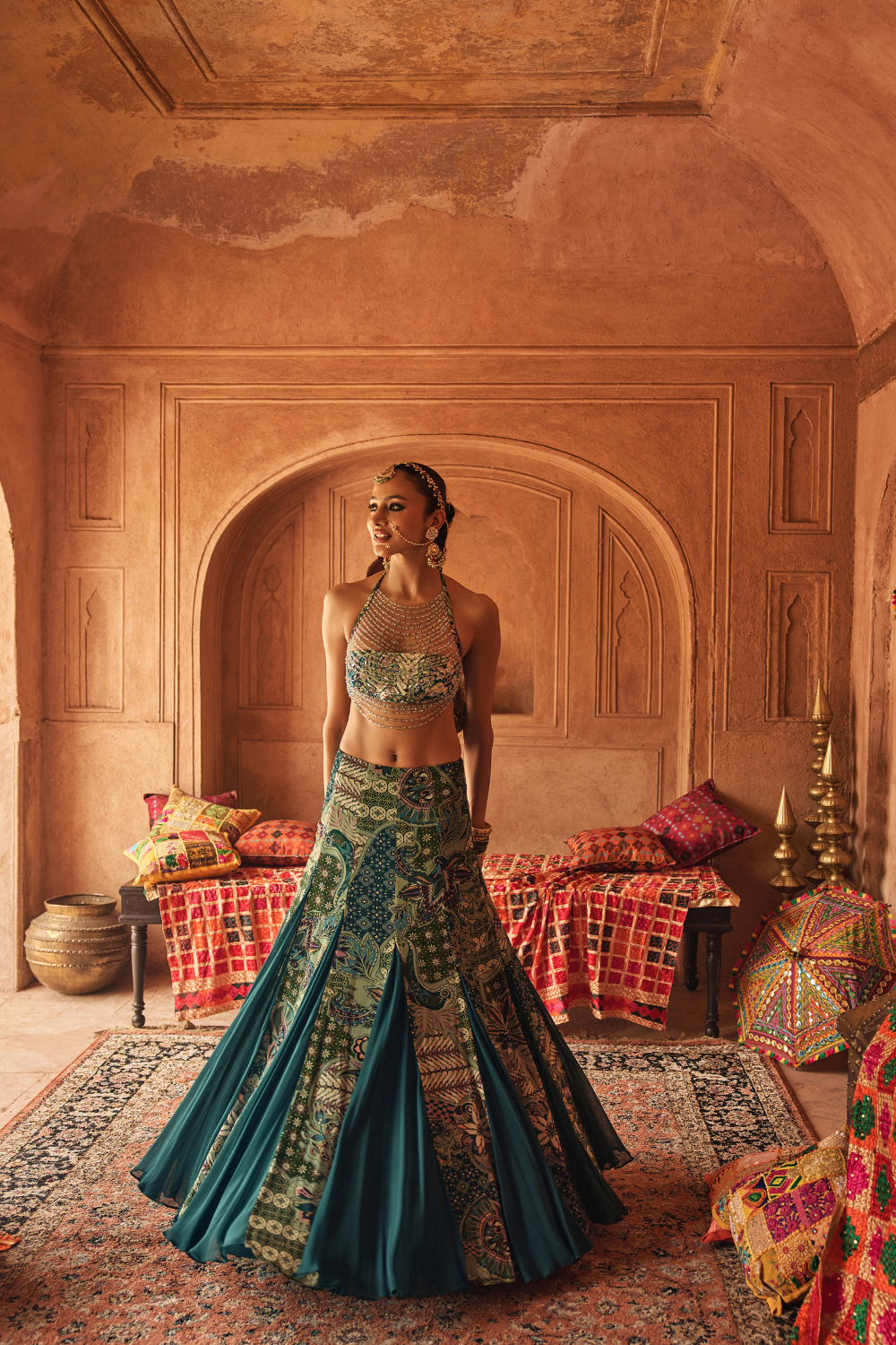 Jeweled Green Halter Blouse with Flared Godet Skirt Set