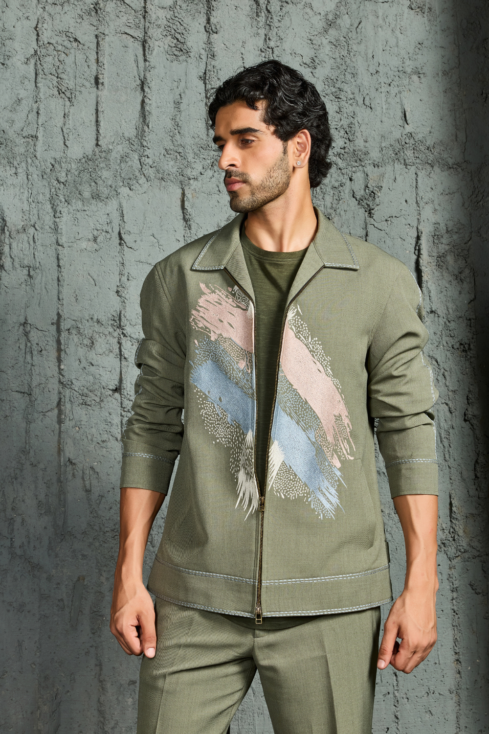 Olive Green Paint Strokes Shacket Set