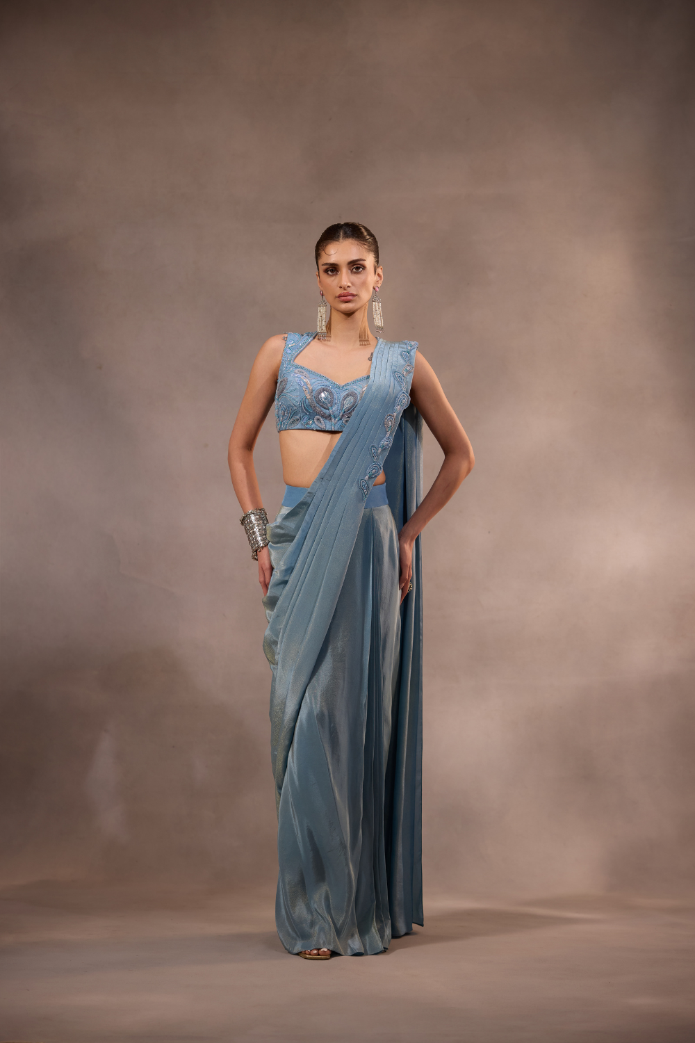 Blue Drape Saree with Embroidered Blouse