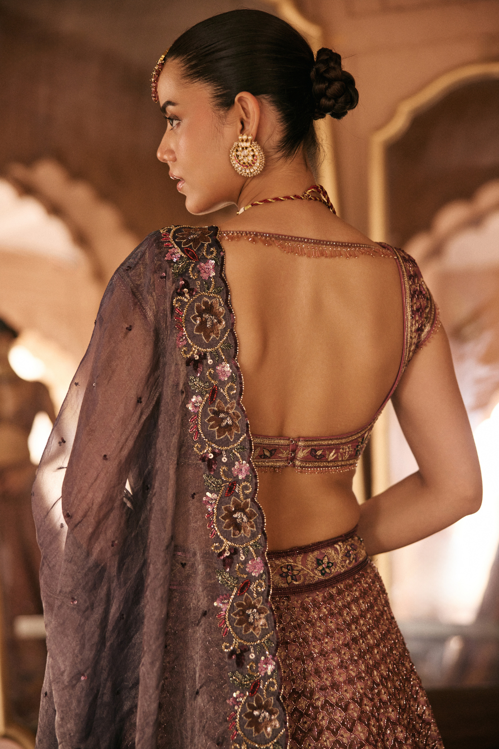 Pink, Purple, hand embroidery, sequins, Tissue Lehenga Set