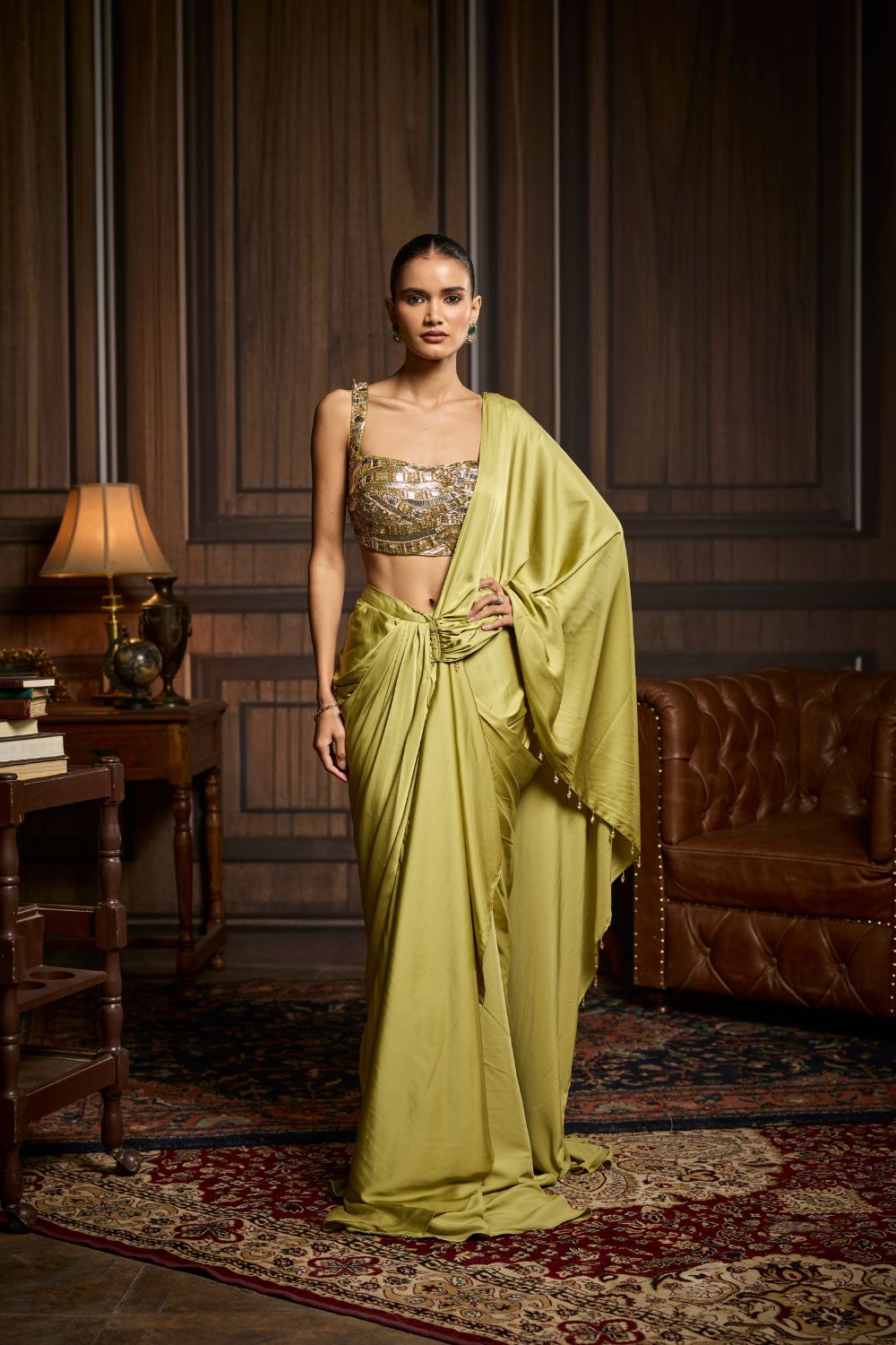 PEAR GREEN EMBROIDERED BLOUSE AND PRE DRAPED SAREE SET