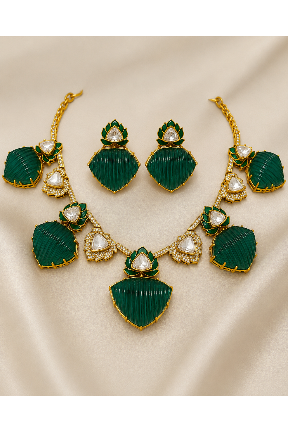 Emerald Green Kundan Lotus Statement Necklace Set with Earrings