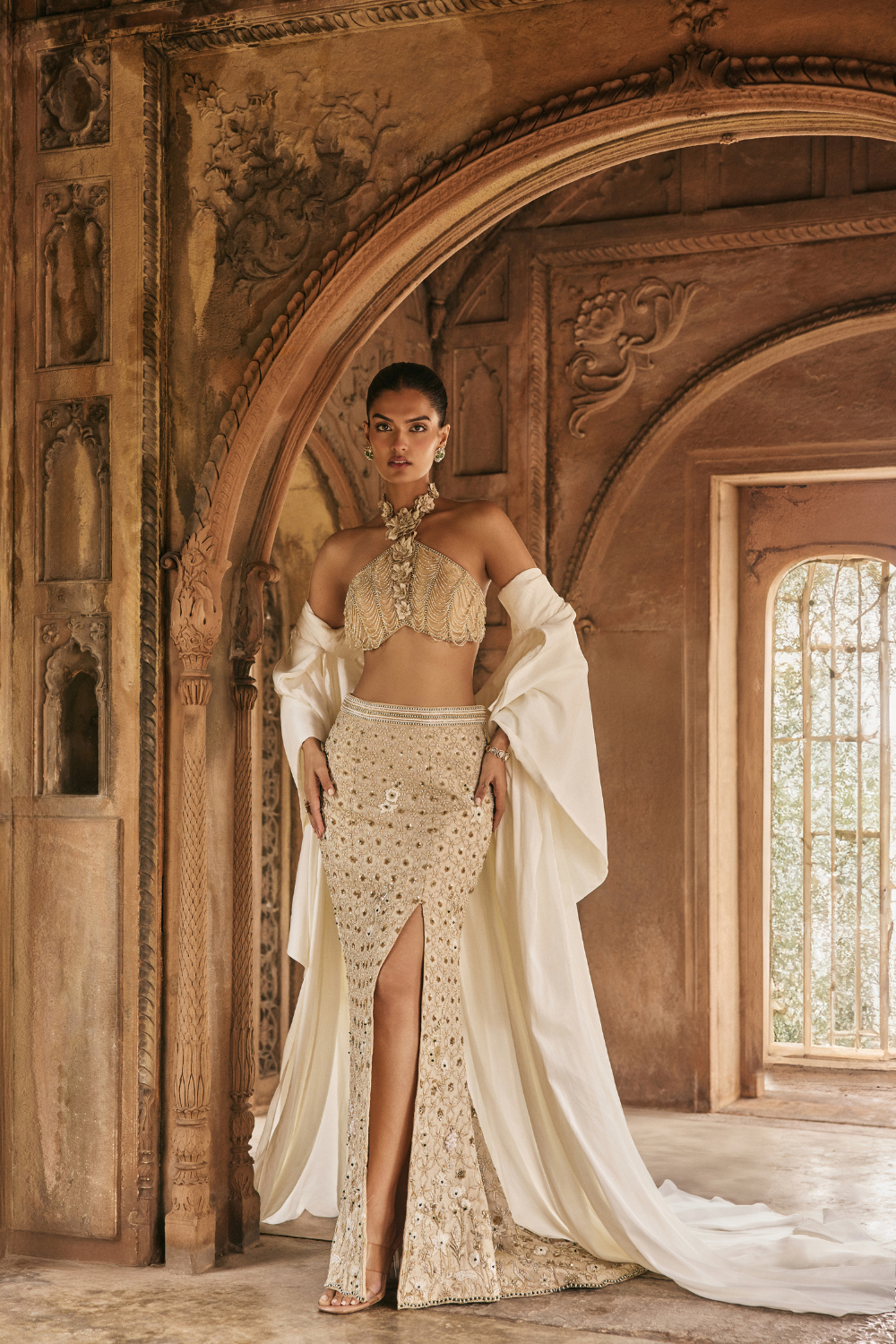 Gold, resham embroidery, tissue, gown