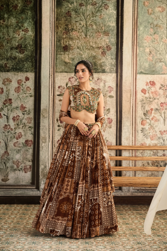 CARAMEL PRINT AND HIGHLIGHTED  BLOUSE AND LEHENGA  SET